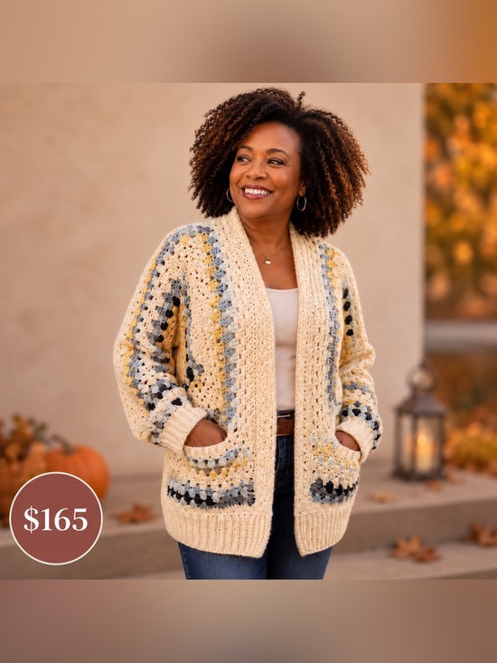 Hand Crafted Sweaters - Crochet Cardigan Cream&Gray Brooch included
